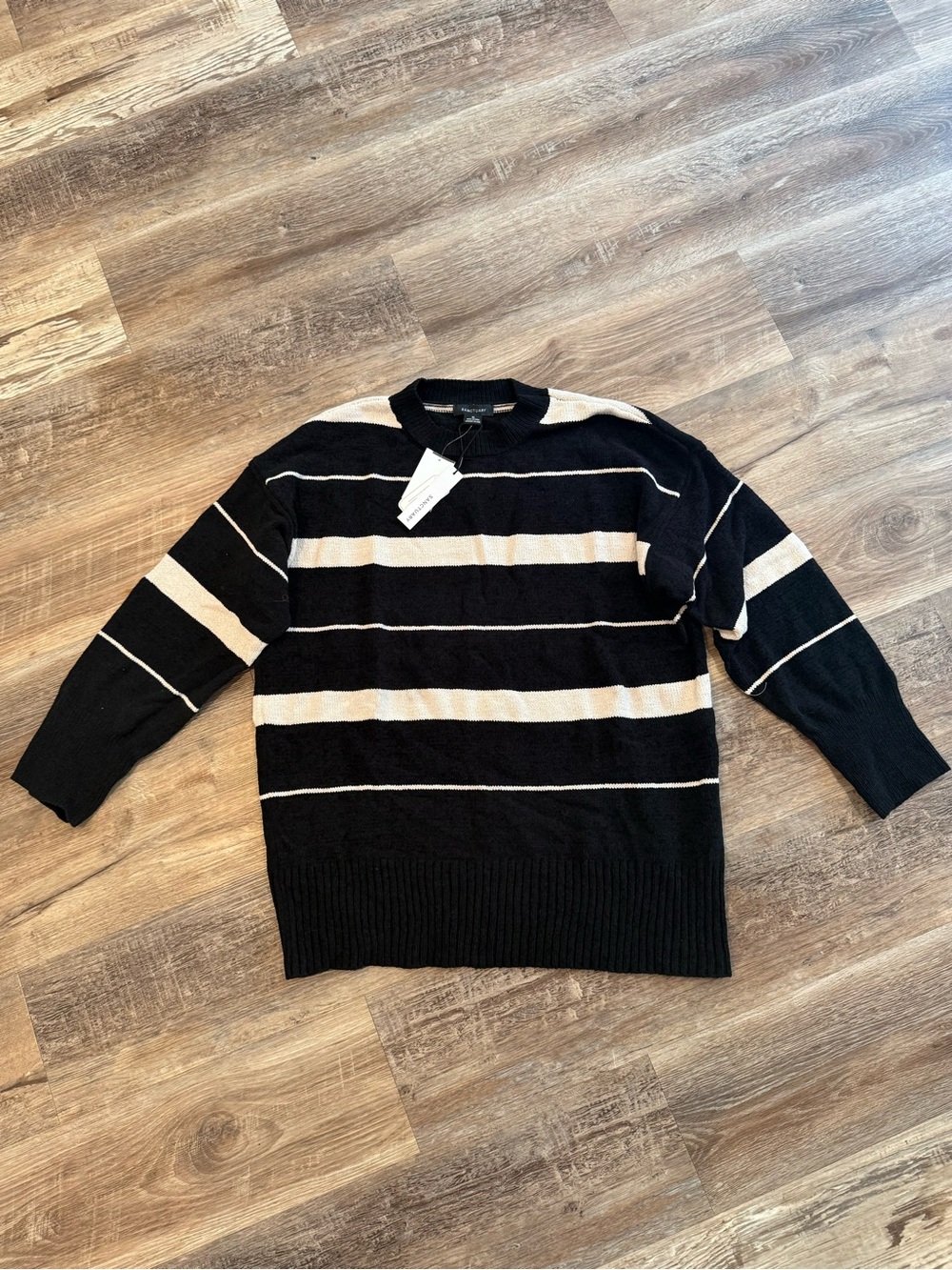 NWT Sanctuary Black and Cream Striped Crewneck Knit Tunic Sweater XL